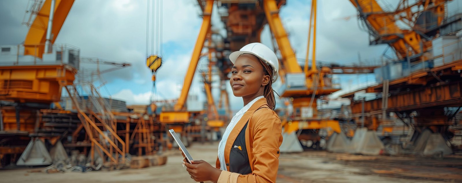 A confident woman in professional attire, standing in front of a large crane on an industrial site. She is holding a tablet and reviewing plans, wearing a white hard hat. The photograph is minimalist and clean, with a shallow depth of field to keep the focus on her. The camera angle is low (contrapicado), giving her a sense of dominance and strength. --chaos 20 --ar 5:2 --stylize 500 --weird 2 Job ID: c815db35-4fa0-45b1-bc75-9af94c694cb4